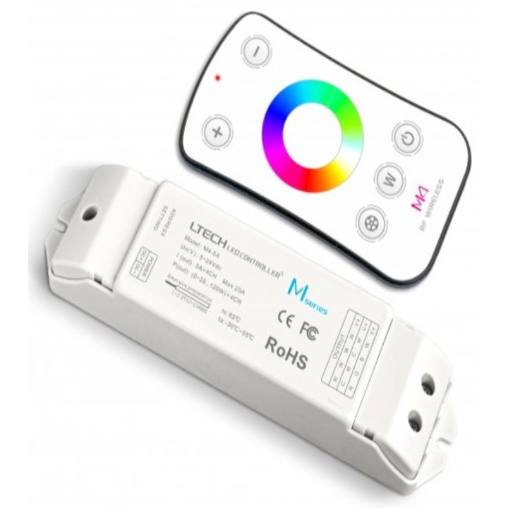 Controller LED wireless M4+M4-3A, 4x3A, 12-24V, RF 433.92MHz, telecomanda inclusa, pentru benzi LED dimabile RGBW/CCT