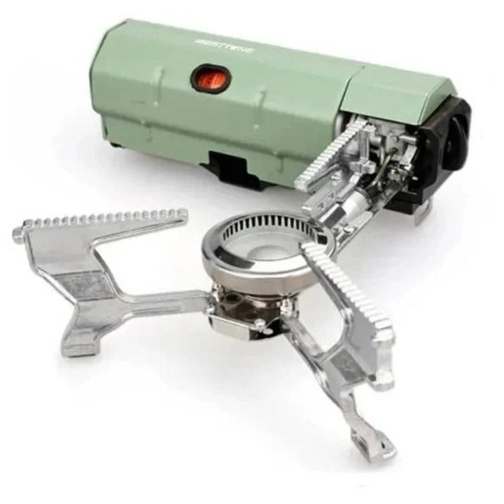 Gázüzemű kempingfőző, 2670 W, hordozható, összecsukható gyújtású, zöld