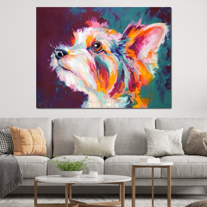Премиум картина върху платно, LuxCanva® M1258, Игрива душа, 75 X 100 см, 100% памучно платно 400 г/м2, дървена рамка, Кученце, Йоркшир, Пастел, Изкуство, Абстрактно, Модерно, Портрет, Профил, Многоцветно, Живопис, Офис, Хол, Детска стая