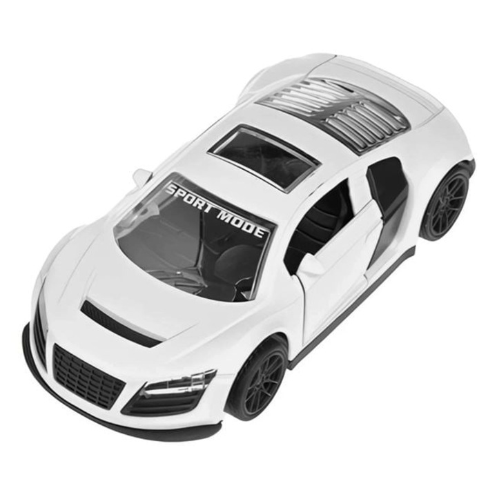 Fehér, metálfényű, hátrafelé nyitható ajtós kisautó 1:43