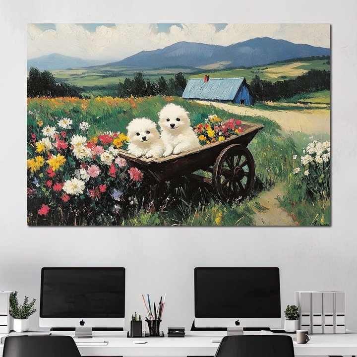 Премиум картина върху платно, LuxCanva® M1259, Пролет на колела, 100 X 150 см, 100% памучно платно 400 г/м2, дървена рамка, цветя, карета, пейзаж, планини, картина, кученца, пролет, трева, очарователно, колела, приятели, офис, хол, детска стая