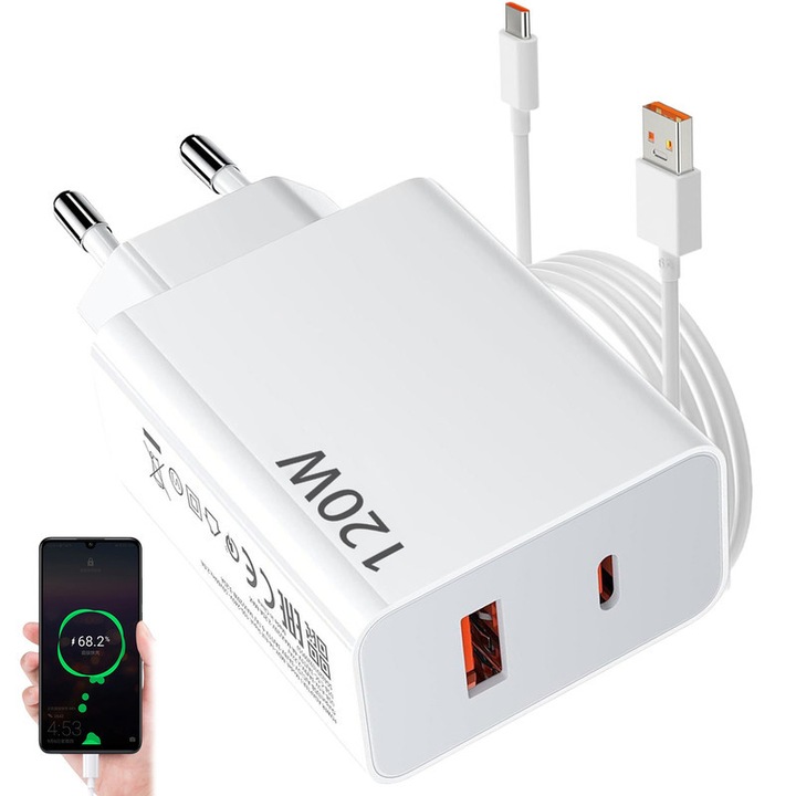 Gyorstöltő 120W USB C kábellel, 2 port, fehér, 1m