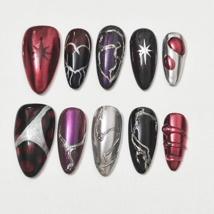 Set 10 unghii false presate, stil gotic, model 3D, multicolor, marime M