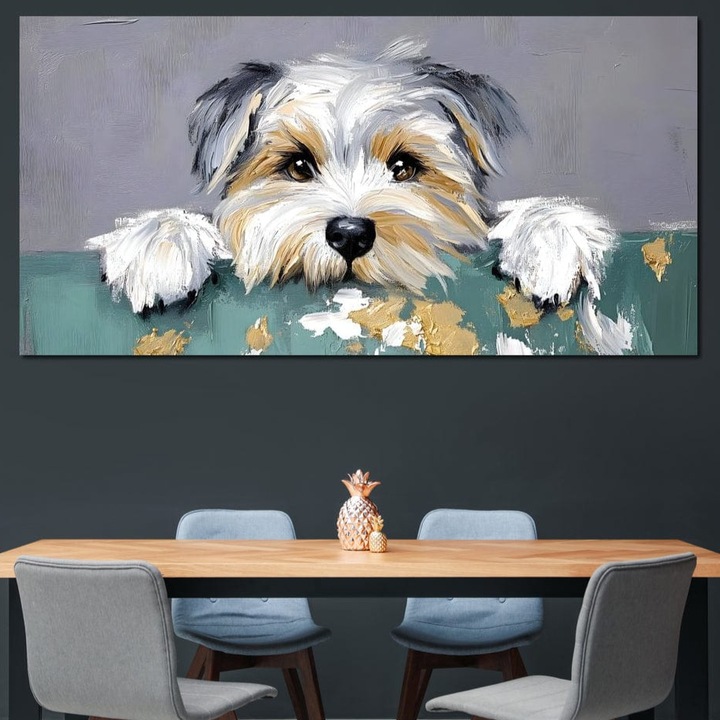 Tablou Canvas Premium, LuxCanva® M1262, Urechiuse la Panda, 50 X 100 CM, Panza Bumbac 100% 400g/m2, Sasiu Lemn, Yorkshire, Joaca, Curiozitate, Blanita, Simpatic, Privire, Portret, Perete, Pictura, Caine, Birou, Living, Camera Copil