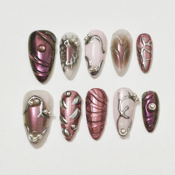 Set 10 Unghii False Handmade - Presare, Forma Almond, Decoratiuni 3D, Efect Gradient Multicolor, M