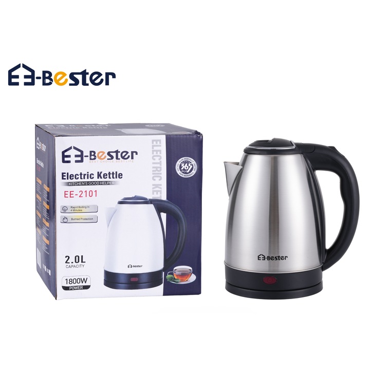 Електрическа кана Bester EE-2101, неръждаема стомана, 2 л, 1800 W, автоматично изключване, 22 x 15 x 24 см