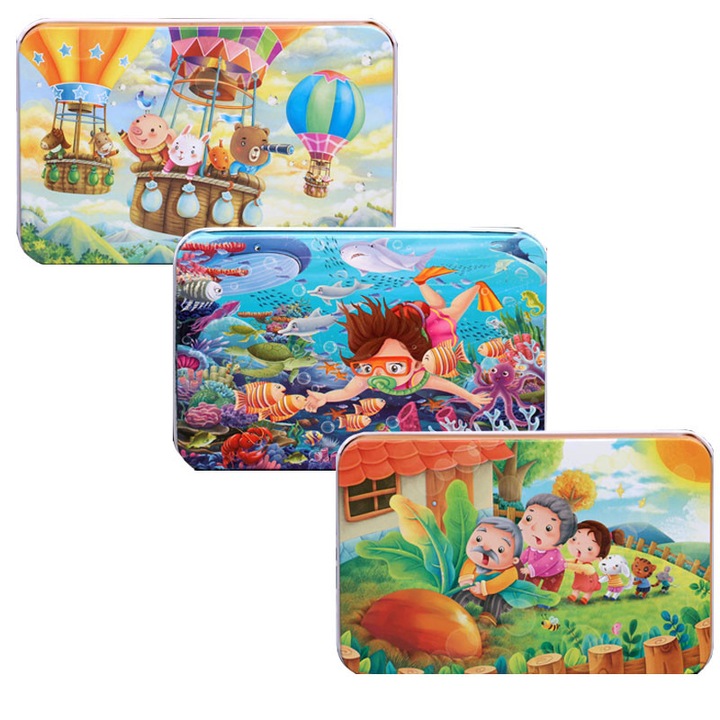 Комплект от 3 дървени пъзела, многоцветни, 60 части, размери 22.5x14cm, кутия за съхранение 13x8.5x4cm