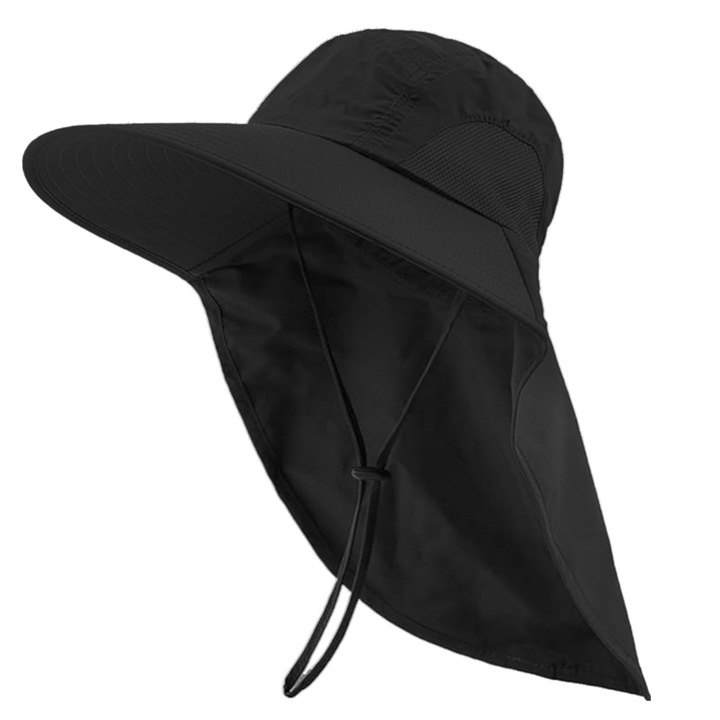 Túra- és horgászsapka - nagy karimájú, UV-védelemmel, oldalsó szellőzéssel, állítható húzózsinórral, uniszex, fekete