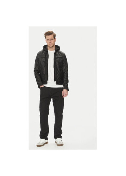 Geaca din piele barbati Serge Pariente, SEAN HOOD, Piele naturala, Negru, Negru, 3XL