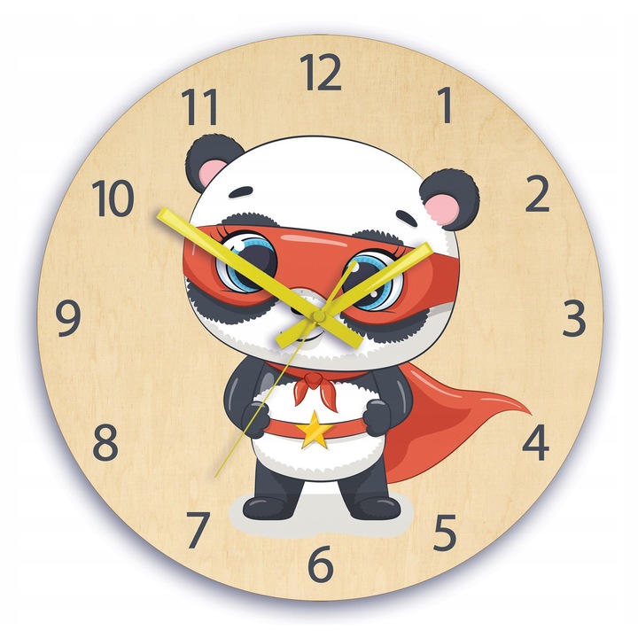 Ceas de perete ModernClock, Panda Super Erou, 30cm, galben, multicolor