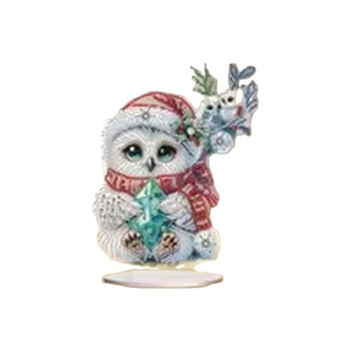 Pictura cu diamante 5D pe suport acrilic cu suport pentru birou 24x18.5 cm, bufnita cu pui