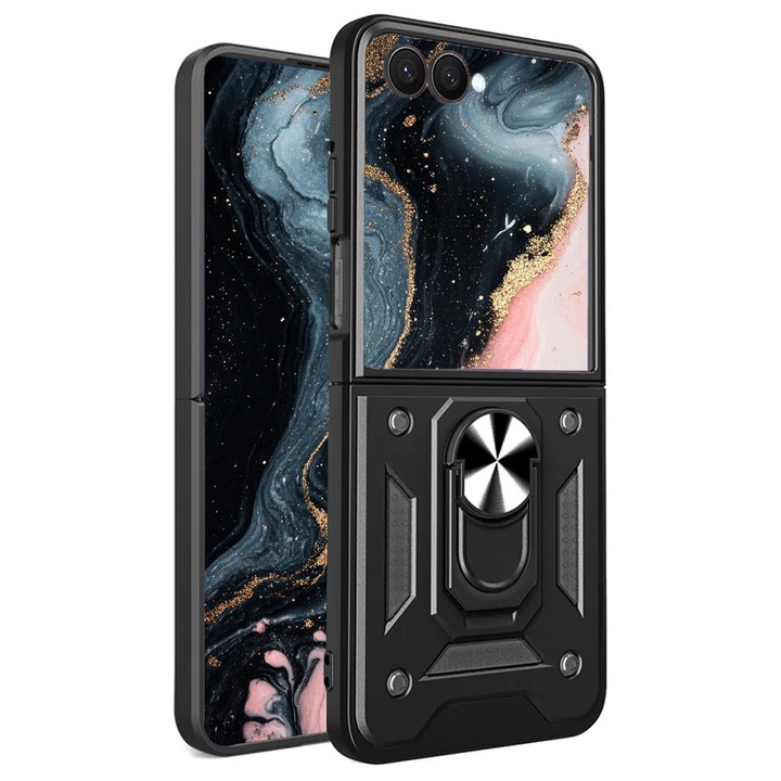 Shutter Back Armor gyűrűs tok Samsung Galaxy Z Flip7 / Flip 7 készülékhez, mágneses funkció, 360°-ban forgatható gyűrűtartó, ujjlenyomat-taszító, fekete