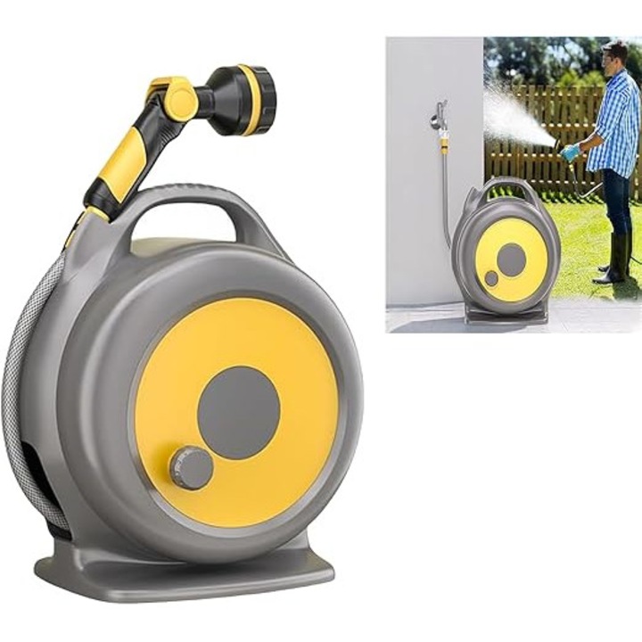Rola retractabila pentru furtun de gradina, 20 m + 2 m, duza cu 10 modele, XICENRM®，blocare la orice lungime, rebobinare automata lenta, usor de pus la loc, montare pe perete, pentru udare/spalare/curatare