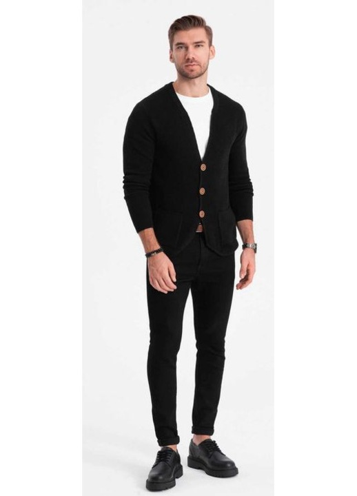 Мъжки пуловер, OMBRE, жилетка с копчета, джобове, черен, памук, L INTL