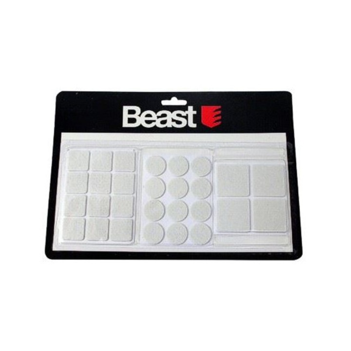 28 darabos öntapadós filcpárna készlet bútorhoz, Beast, fehér, négyzetes és kerek formák, 2,5x2,5cm és 4x4cm