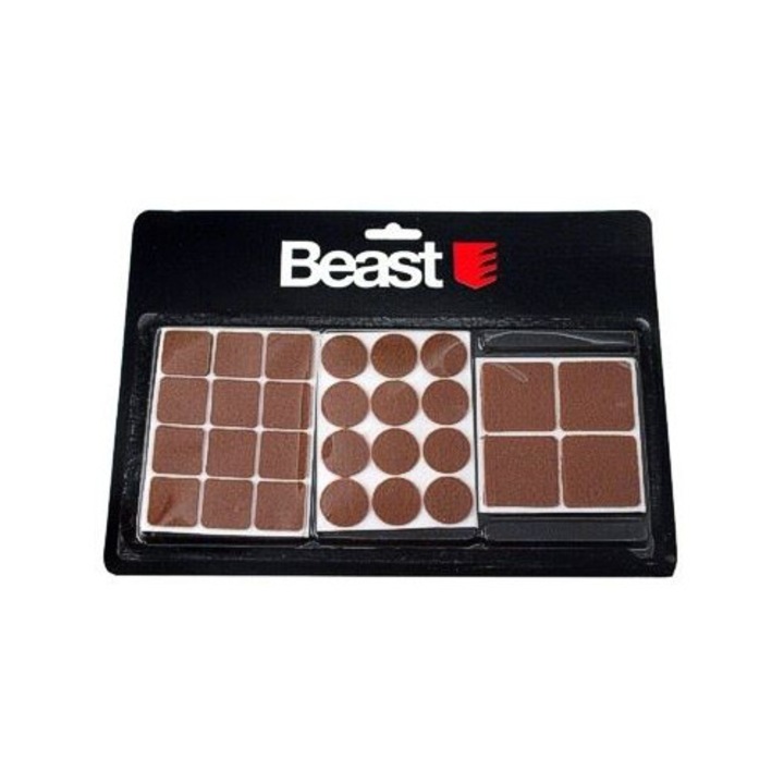 Set de 28 perne autocolante din fetru pentru mobilier, Beast, 12 patrate 2,5x2,5cm, 4 patrate 4x4cm, 12 rotunde 2,5cm, culoare brown