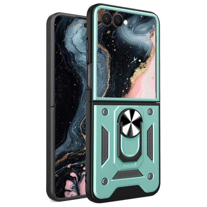Husa Shutter Spate Armor Ring pentru Samsung Galaxy Z Flip7 / Flip 7, Functie Magnetica, Suportul Inel Rotativ 360°, Anti-amprente, Verde