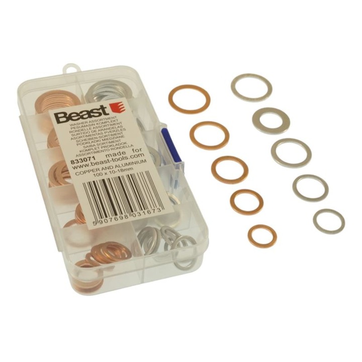 Set 100 uscuseli miedziane si aluminiowe 10-18mm, Beast, rezistente la uleiuri si temperaturi scazute, in cutie plastica