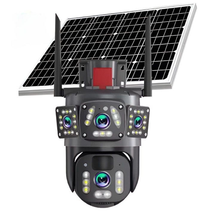 Tripla kamera napelemmel GermaNova™ Wi-Fi, 12 MP, Mozgásérzékelés és -követés, Alacsony fogyasztás, Emberérzékelés, Éjjellátó, Kétirányú hang, Beépített sziréna, Víz- és időjárásálló, Széles látószögű