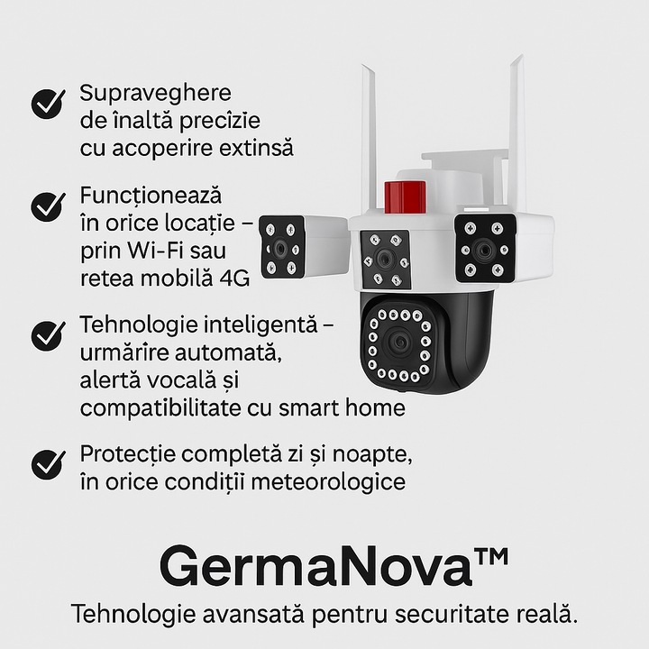 Camera de Supraveghere GermaNova™ 6K, WIFI / 4G Sim 12MP, 4 lentile, ZOOM 10X, Control din aplicatie, Comunicare bidirectionala, Urmarire automata, Multi Lens
