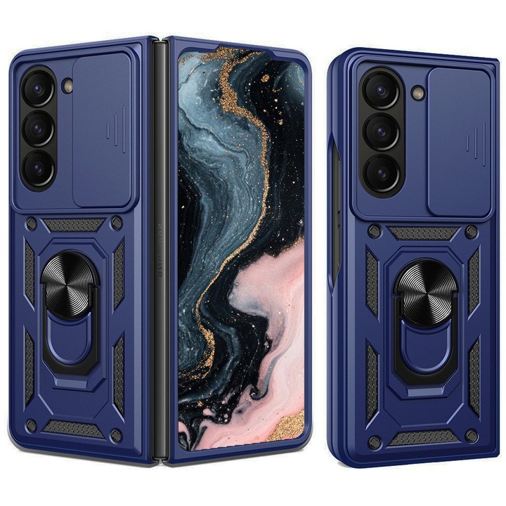 Husa Shutter Spate Armor Ring Lens Cover pentru Samsung Galaxy Z Fold7 / Fold 7, Functie Magnetica, Suportul Inel Rotativ 360°, Anti-amprente, Albastru