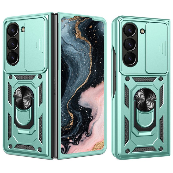 Husa Shutter Spate Armor Ring Lens Cover pentru Samsung Galaxy Z Fold7 / Fold 7, Functie Magnetica, Suportul Inel Rotativ 360°, Anti-amprente, Verde