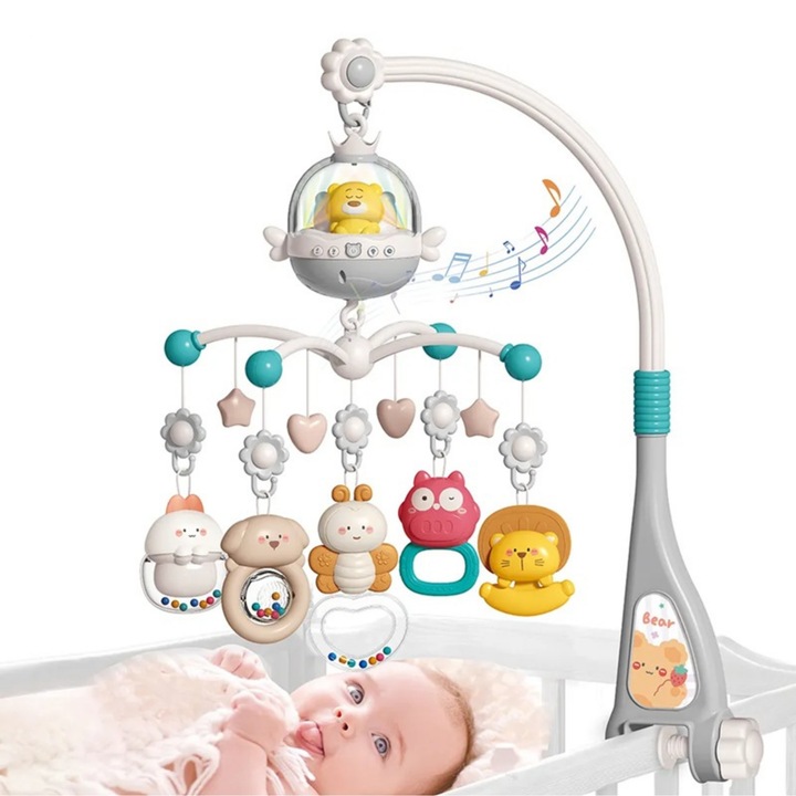 Carusel Muzical pentru Patut Bebelusi cu Proiectie, Sunete Linistitoare si Lumini de Noapte - Suport Reglabil si Actionare prin Telecomanda - Rotire 360 cu Temporizator si Jucarii Zornaitoare