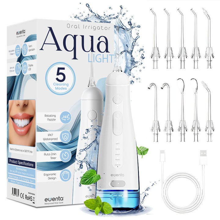 Irigator Bucal Profesional pentru Dus Bucal Ewenta® AQUA LIGHT, Irigator Oral Portabil, Fara Fir, 5 Programe, Rezervor 290ml, Mod Custom, 1400 Pulsatii/Min, IPX7, Protectie Supraincalzire, 10 Duze Incluse, Alb