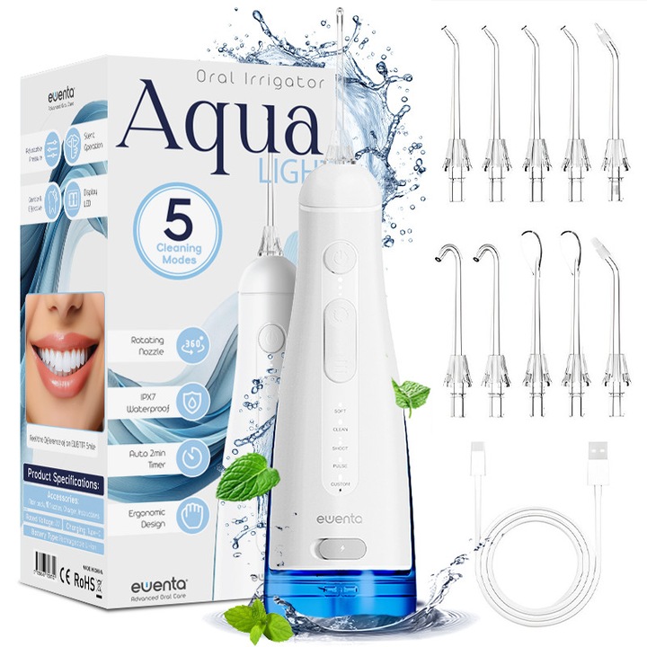 Irigator Bucal Profesional pentru Dus Bucal Ewenta® AQUA LIGHT, Irigator Oral Portabil, Fara Fir, 5 Programe, Rezervor 290ml, Mod Custom, 1400 Pulsatii/Min, IPX7, Protectie Supraincalzire, 10 Duze Incluse, Alb