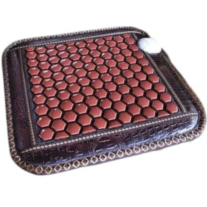 Suport de sezut pentru scaun cu pietre de jad cu incalzire turmalina Arvada® KingRelax, raze Infrarosii, temporizator caldura 45x54cm (stimulator personal cu caldura). model piatra hexagonala de germaniu