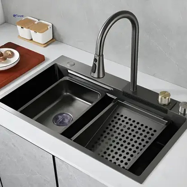 Alessandro DESIGN rozsdamentes acél konyhai mosogató szett dupla csappal, fekete, 75x45x21cm