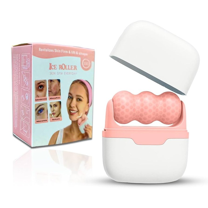 Aparat pentru masaj facial, Ice Roller, pentru reducerea ridurilor, cearcanelor, inchiderea porilor, efect de racorire si revigorare, Alb/Roz