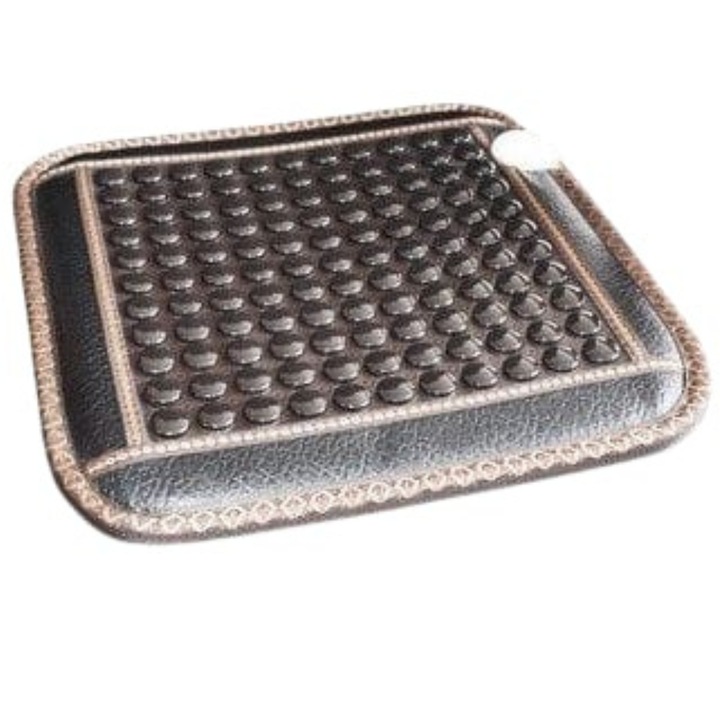 Suport de sezut pentru scaun cu pietre de jad cu incalzire turmalina Arvada® KingRelax, raze Infrarosii, temporizator caldura 45x54cm (stimulator personal cu caldura). model turmalina fasole neagra