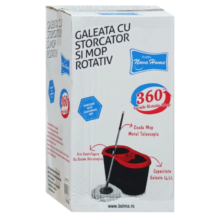 Set galeata cu mop rotativ, NOVA HOME, economic 14L cu 5 rezerve microfibra
