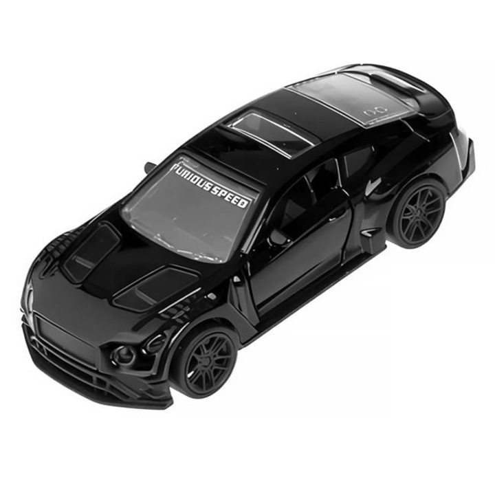 Fekete, metálfényű, hátrafelé nyitható ajtós kisautó, 1:43 méretarány