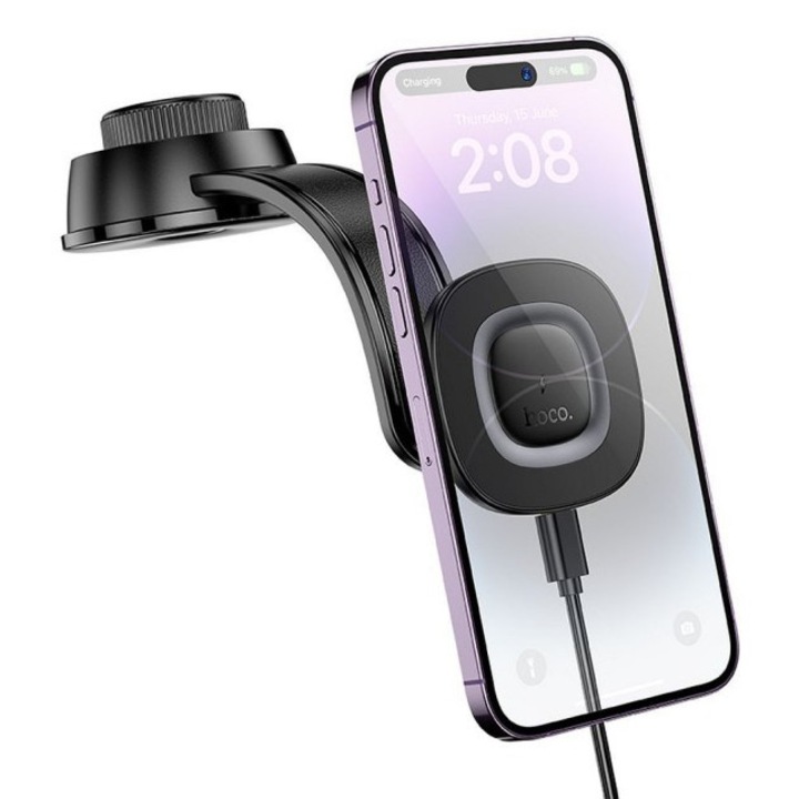 Suport Auto Hoco Cu Incarcare Wireless Functie Magsafe Compatibil Cu iPhone, Putere Incarcare 15W, Prindere Pe Bord, HW31