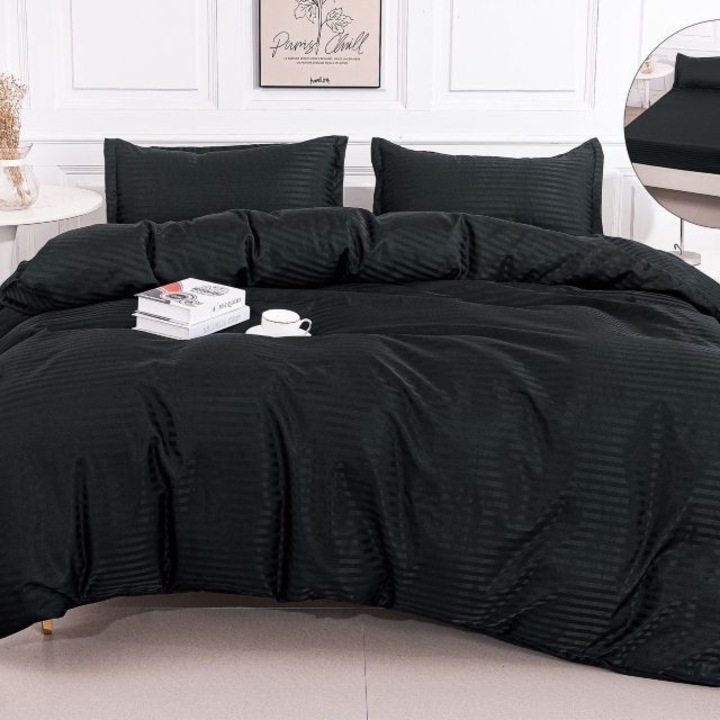 Kétszemélyes ágyneműgarnitúra, szatén pamut, 180 x 200 cm, 4 darabos, gumival, fekete, Casa de Vis, DPP-09