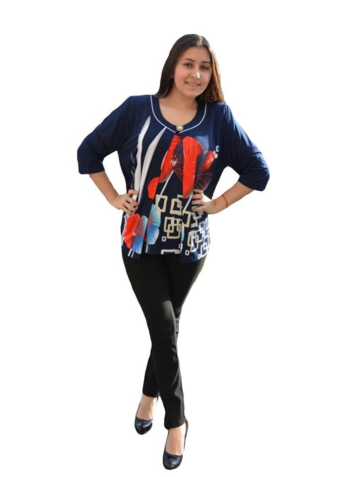 Bluza fashion din doua piese cu motiv floral,masura mare,D&J Exclusive, Albastru marin