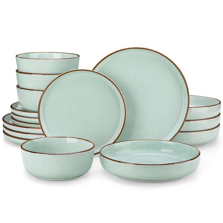 Set de masa Vancasso Loire, 16 piese, ceramica, 4 farfurii de cina, 4 farfurii de desert, 4 boluri, 4 farfurii pentru supa, albastru si gri