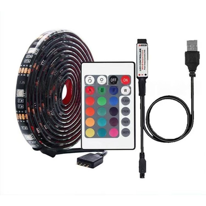 Banda LED 10 m, clasare IP65 incorporata, 300 lumina/m 5050 RGB, adeziv, Wi-Fi, aplicatie mobila, telecomanda, modul muzica, cronometru, microfon, lumina aprinsa