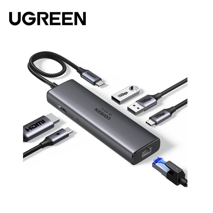 Docking station Ugreen, „CM512” conec PC USB Type-C, USB 3.2 x 2, RJ-45 x 1, HDMI 4Kx1 la 60Hz, USB-C x 1 PD 100W, aluminiu, gri