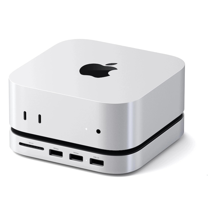Állvány és hub Mac Mini M4 / Studio számítógéphez Satechi NVMe SSD házzal, 2xUSB A 10Gbps, USB A adatport, SD kártyaolvasó, ezüst színű