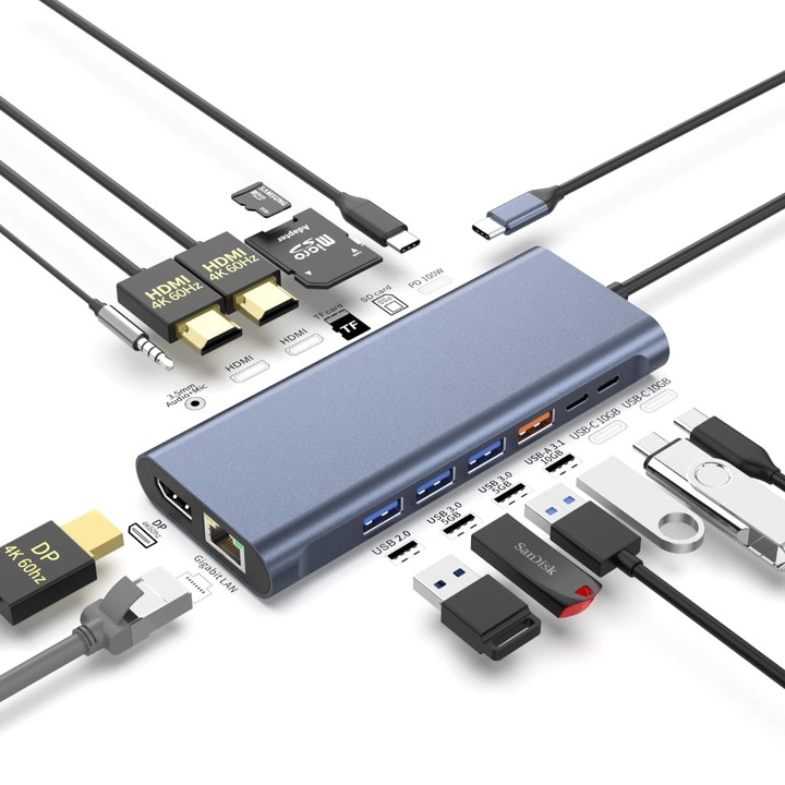 Dokkolóállomás elosztó USB-C, 14 az 1-ben, 2xHDMI 4K@60Hz, 1x DP 4K@60Hz, USB-C PD 100W, USB-C 3.1 10Gbps, USB-A 3.1 5Gbps, USB-A 3.0, RJ45/1000Mbps Gigabit Ethernet, SD/TF olvasó, Jack 3.5mm Audio/Mikrofon, Q-Elite