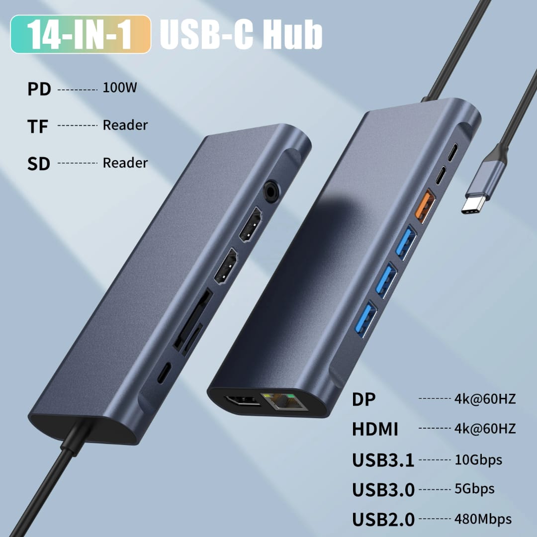 Docking Station Hub USB-C, 14 in 1, 2xHDMI 4K@60Hz, 1x DP 4K@60HZ