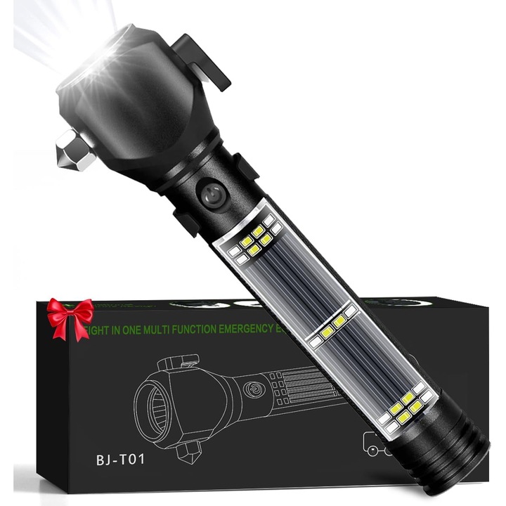 Lanterna Tactica Multifunctionala cu Incarcare Solara Xenomo® NEOLIGHT, Led Puternic, PowerBank, Alarma, Spargator Geam, Taietor Centura, Ideala pentru Urgente, Camping, Drumetii, Reincarcabila