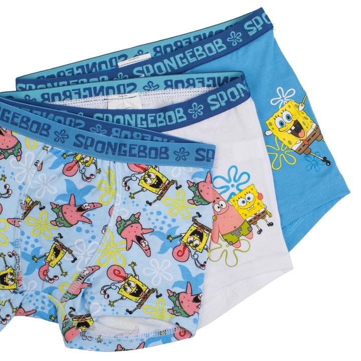 Fehér és kék színű, SpongyaBob mintás boxeralsó szett gyerekeknek - 3 db