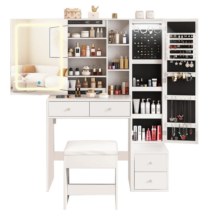 Тоалетка UWOT, бяла, с LED огледало, 4 чекмеджета, отделение за съхранение