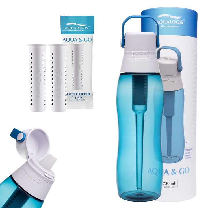 Aqualogis Aqua&Go sticla filtranta 750 ml + 2 filtre albastru inchis, Tritan fara BPA, filtru cu carbune activ, capac etans, pai integrat, pentru apa mai curata acasa, birou, sport si calatorii