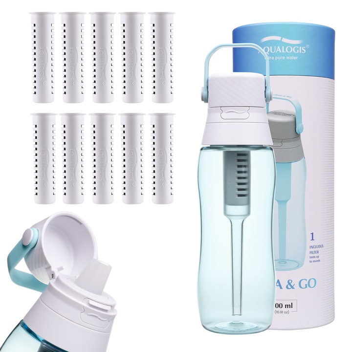 Aqualogis Aqua&Go sticla filtranta 500 ml + 10 filtre albastru deschis, Tritan fara BPA, filtru cu carbune activ, capac etans, pai integrat, pentru apa mai curata acasa, birou si sport