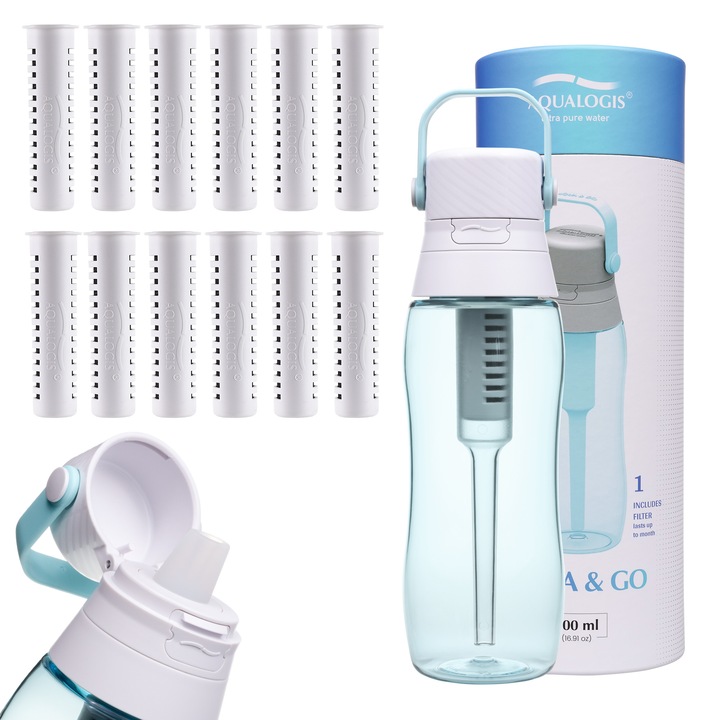 Aqualogis Aqua&Go sticla filtranta 500 ml + 12 filtre albastru deschis, Tritan fara BPA, filtru cu carbune activ, capac etans, pai integrat, pentru apa mai curata acasa, birou si sport